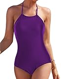 Ekouaer Solid Purple One Piece Swimsuit High Neck Halter Bathing Suits for Teen Girls Junior Modest...