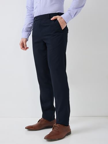 Image of Raymond Men Slim Fit Solid Pattern Poly Viscose Blend Flat Front Formal Trouser