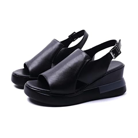 Summer New Orthopedic Sandal, Womens Sandals, Casual Women's Fish Mouth Platform High Heel Sandals, Soft Leather Wedge Sandals,Black,36 Cover