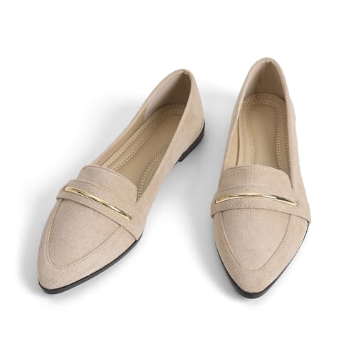 Image of Pointy Toe Penny Loafers for Women Dress Office Work Flats Shoes | Comfortable Women's Faux Suede Leather Slip On Flat Loafers for Driving Business Casual Cute Ballet Shoes