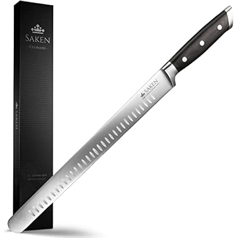Saken 12-inch Granton Edge Slicing Knife - High-Carbon German Steel Carving Knife with Satin-Finished Black Ergonomic Handle - Multipurpose Slicing Kitchen Knife for Meat, Fish, Brisket, Veggies Cover