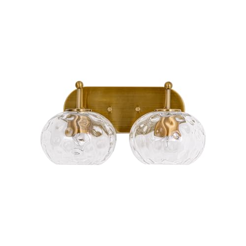 Image of Brushed Gold Vanity Light Clear Hammered Glass Wall Sconce 2-Light Brass Wall Lamp for Hallway Living Room Stairwell Bathroom Over Mirror