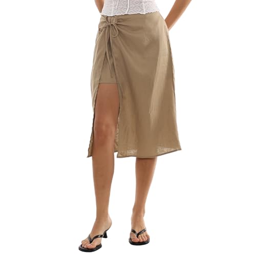 Amazhiyu Faldas de verano para mujer, falda midi de lino hasta la rodilla, falda de verano, cintura elástica, falda envolvente, falda acampanada, falda midi con ranuras, elegante, informal, falda de