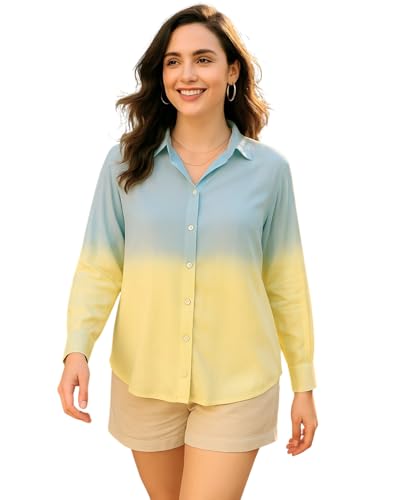 Image of Maaesa Women Handmade Ombre Tie & Dye Rayon Shirt | Relaxed Fit | Lightweight Breathable | Long Sleeve Button-Down | Classic Collar | Casual & Office Wear