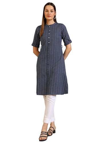 Image of Aurelia Women's Blue Striped Pure Cotton Mandarin Collar Straight Kurta