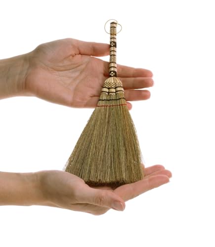 Image of (Tiny Size) 11 inch Short of Asian Whisk Broom Thai Natural Straw Broom with Embroidery Nylon Thread Handle with Nylon Hanger