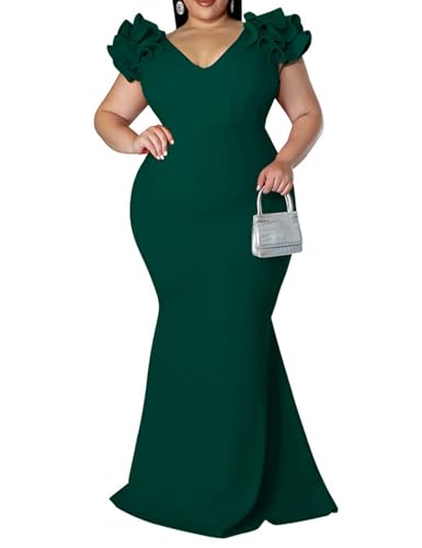 Image of Ekaliy Women's Plus Size Maxi Dress Elegant V-Neck Ruffle Sleeves Bodycon Mermaid Evening Gown