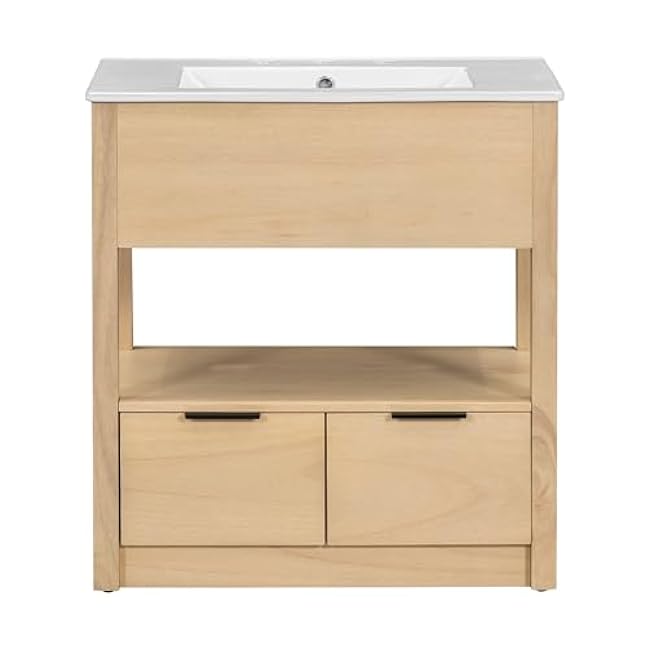 30 Bathroom Vanity Cabinet with Sink Combo, Freestanding Solid Wood Cabinet with Ceramic Sink, with 2 Drawers and Open Storage Shelf for Small Space, Easy Assembly, Multiple Colors (Natural-159)
