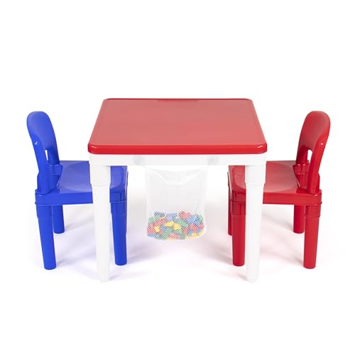 Humble Crew Kids Activity Table and 2 Chairs Set, White/Blue/Red - 2-in-1 Toddler Play Table Building Blocks Compatible - Premium Children’s Table and Chair Set for Arts, Crafts, Reading and More