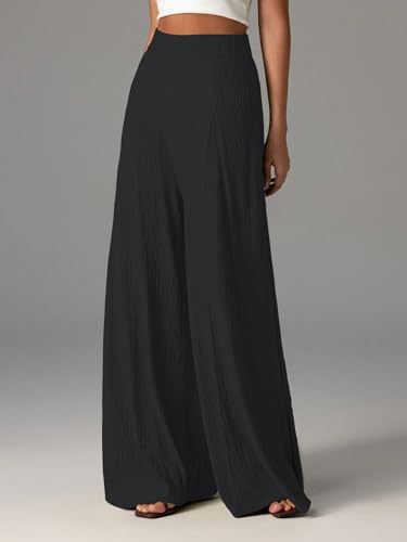 Image of Shasmi Women's Elegant High Waist Wide Leg Pants - Textured Solid Color Loose Fit Long Trousers | Casual Beach & Airport Outfit | Lightweight Flowy Palazzo Style (Trouser 259)