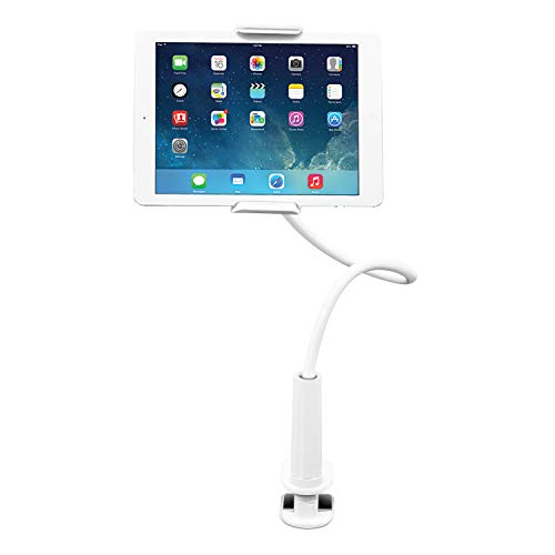 Aduro Solid-Grip iPad Stand Holder 360 Adjustable Universal Gooseneck Lazy Tablet Stand for Desk – Swivel Durable Rubberized Video Mount for Recording Holder (White)