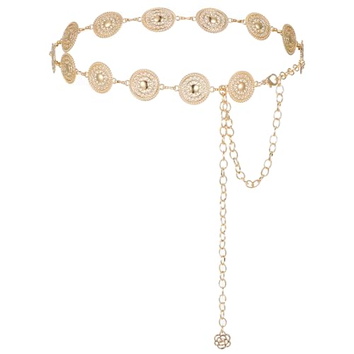 Xindojuz 1 PCS Western Belt for Women, Metal Gold Chain Belt for Dress, Country Boho Cowgirl Waist Chain for Jeans Concho Concert Gold Chains Hip Belts (116 cm)
