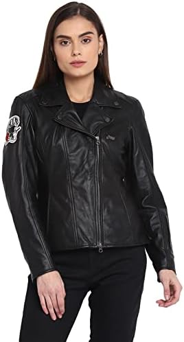 Royal Enfield Womens Black Genuine Leather Biker Jacket-Premium Retro Racer Motorcycle Jacket for Women with Zipper,Pockets