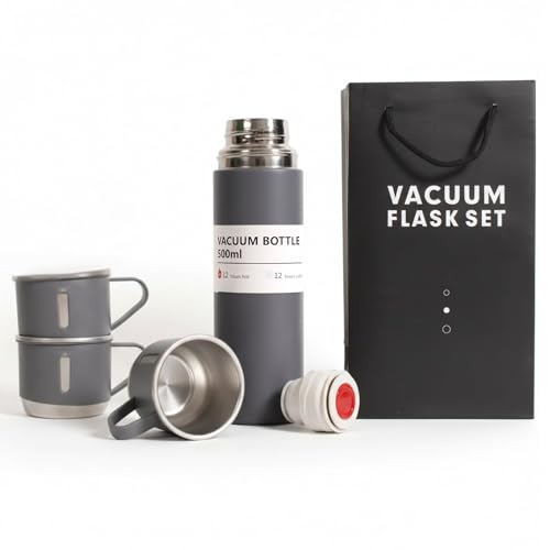 Gray Vacuum Flask Gift Set, Stainless Steel Insulated Water Bottle w/ 3 Cups, Hot & Cold Drinks Coffee Thermo Water Bottle, Reusable Thermal Cup for Outdoor Camping Travel, Termos para Agua Fria, 17oz