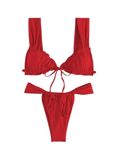 Women's Two Piece Swimsuits Frill Trim Tie Front Bathing Suit Wide Straps High Cut Sleeveless Bikini Sets