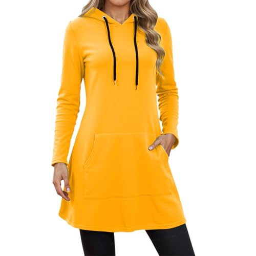 Hoodie Damen Kleid Langarm Mit Tasche Für Winter Freizeit Mode Kapuzenpullover Sweatshirt Pullis Pullover Große Größe Weich Warm Bequem Maschinenwaschbar Atmungsaktiv Casual Loose Fit (Yellow, XXXL)