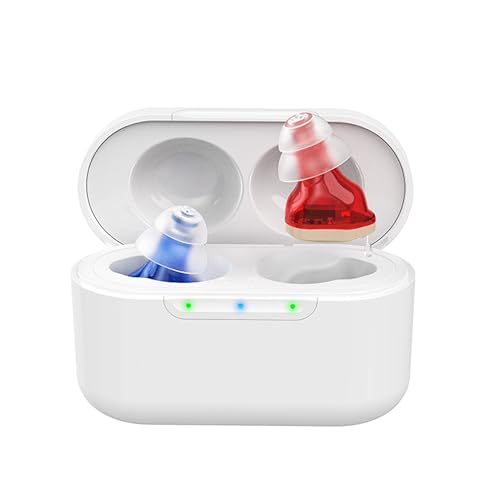 Clarity CIC Rechargeable Personal Sound Amplifier for Adults & Seniors | Discreet In-Ear Sound Amplifier with Noise Reduction & Charging Case Red & Blue 120h Battery | Digital CIC