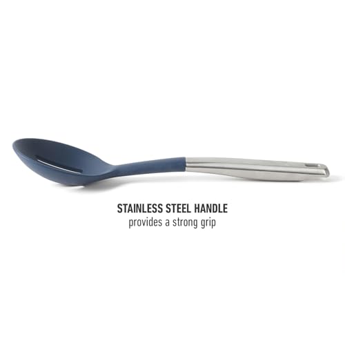 Image of Calphalon Prime Slotted Spoon Skimmer, Stainless Steel Slotted Spoon, Straining Spoon with Navy Silicone Head, Heat-Resistant Nonstick-Safe Kitchen Tool