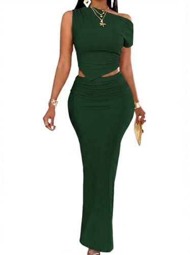 Image of BARASA Two Piece Sets For Women Summer One Shoulder Tops Bodycon Maxi Skirt Set Vacation Sexy Outfits DSA75