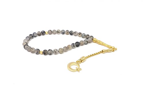 Remi Bijou Chaîne de prière - Tesbih 33 Perles achat Gris avec Pendentif 'Lune avec étoile' - Or Couleur