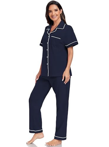 EA'S SECRET Womens 100% Cotton Pajama Sets Short Sleeve Shirt and Pajama Pants Soft Sleepwear Button Down Pjs for Women4