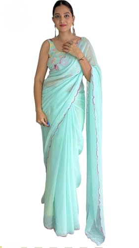 Sari indio KULIA de diseñador con bordado étnico al fuego en georgette azul y blusa exclusiva