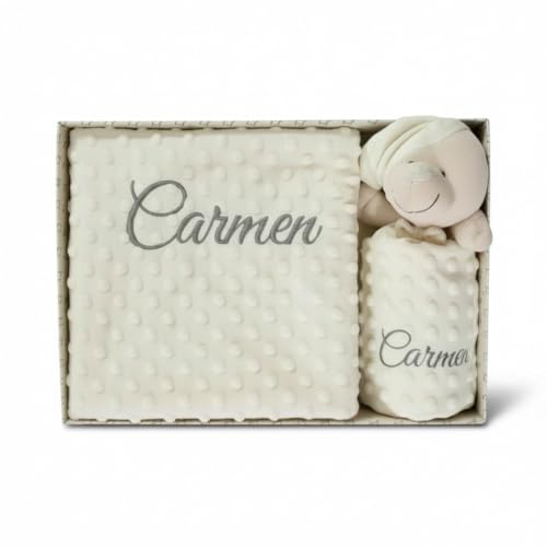 Danielstore Set de Manta + Dou Dou Personalizado con Nombre Bordado Sets de Regalo para Recién Nacido Baby Shower Canastilla Bebé Manta de Burbujas y Dou Dou Bordadas