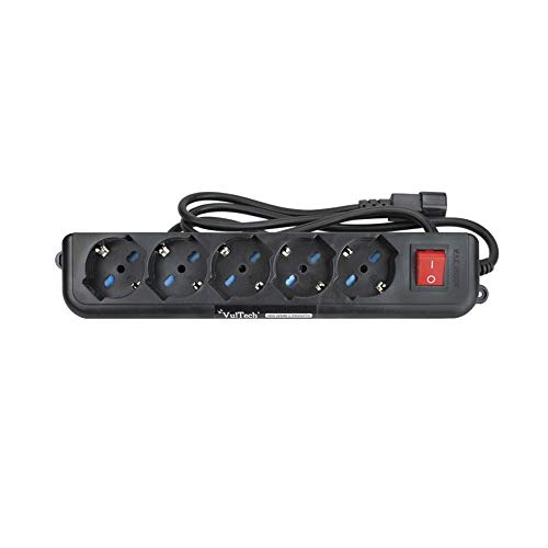 VulTech MU-UPS01 Mehrfachsteckdose für USV IEC14 mit 5 zweipoligen Steckdosen/Schuko 10/16 A, Ein-/Aus-Taste, feuerfest, Kabel 1,5 m, 2500 W, Schwarz