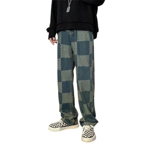 Men with Pockets Cowboy Pants Lattice Straight Oversize Jean Trousers