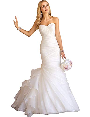 Women's Sweetheart Mermaid Wedding Dresses Layered Organza Ruffles Bridal Gowns for Bride (White,2)