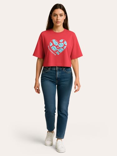 Image of HELLCAT Beige Printed Loose Fit Crew-Neck Crop T-Shirt for Women