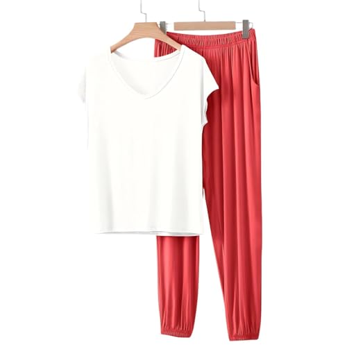 Image of HGps8w Women's Modal Soft Summer Pajamas Sets, Loose V Neck Short Sleeve Top Joggers Pants Matching 2 Piece Lounge Outfits