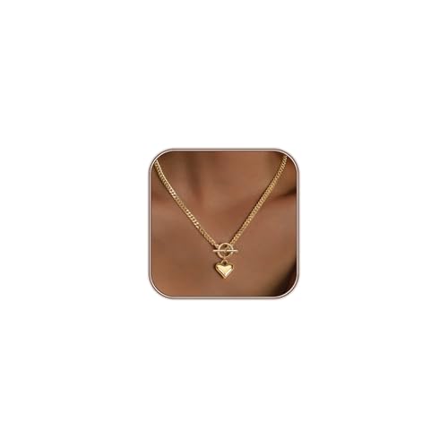Airmb Heart Necklace for Women Gold Plated 14K Chunky Cuban Chain Trendy Heart Choker Pendant Gold OT Toggle Hypoallergenic Fashion Locket Necklace Jewelry Love Gift for Women
