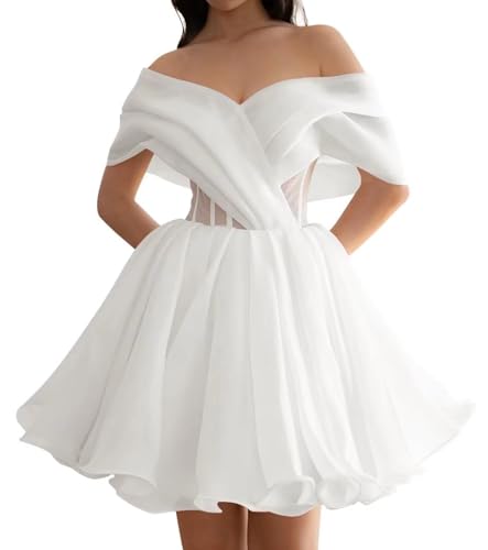 Women's Short Wedding Dresses for Bride Off The Shoulder Tulle Bride Party Gown A Line Mini Engagement Dress