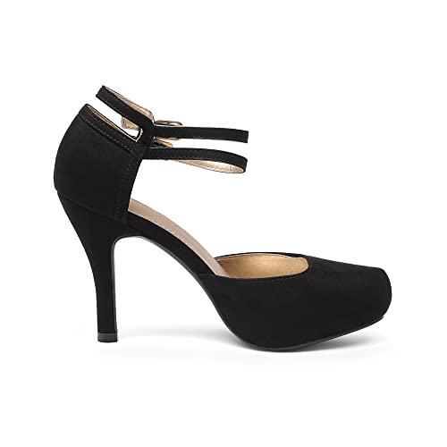 Dream Pairs Women's Office-02 Classy Mary Jane Double Ankle Strap Almond Toe High Heel Pumps New Black Suede Size 7 #TOP2