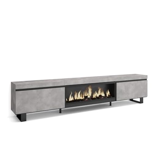 Skraut Home | Mueble TV | Televisión | Muebles de salón, almacenaje | 267x57x35 cm | para TV Gran Formato | Chimenea eléctrica XXL | Diseño Industrial | Estilo Moderno | Cemento