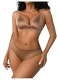 OYOANGLE Women's 2 Piece Satin Lingerie Sets Wireless Triangle Bralette and Panty Set Silky Underwear Brown Large