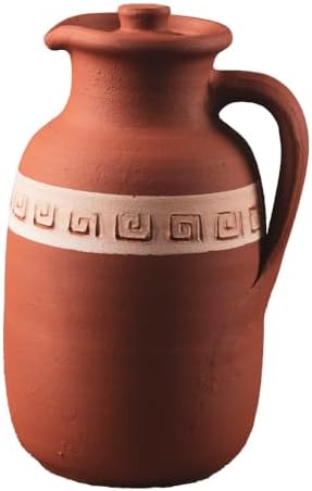 Handmade Natural Clay Terracotta Earthenware Earthen Water Pitcher Jug Pot with Lid for Drinking Drink Ayurveda Healthy Unglazed Pottery Style Indian Mud Kitchen Farmhouse Bottle Mexican Bohemian