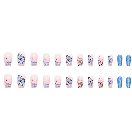 24 Pcs Short Square Fake Nails Butterfly Press On Nails,Glossy Glue On Nails Full Cover False Nails With Blue Gradient Glittering Designs French Tip False Nails For Women Acrylic Nails Diy Decoration #TOP4