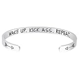 Fesciory Inspirational Bracelets for Women,Stainless Steel Engraved Personalized Positive Mantra Quote Keep Going Cuff Bangle College Graduation Encouragement Gifts for Her (Wake Up)