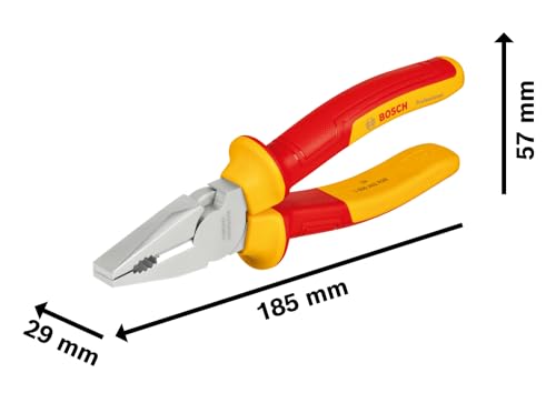 Image of BOSCH Professional VDE Combination Pliers 180mm | Certified for Live Work up to 1000V | Chrome Vanadium Steel | Hardened Cutting Edges | Ergonomic Soft-Grip Handles | High-Leverage Design