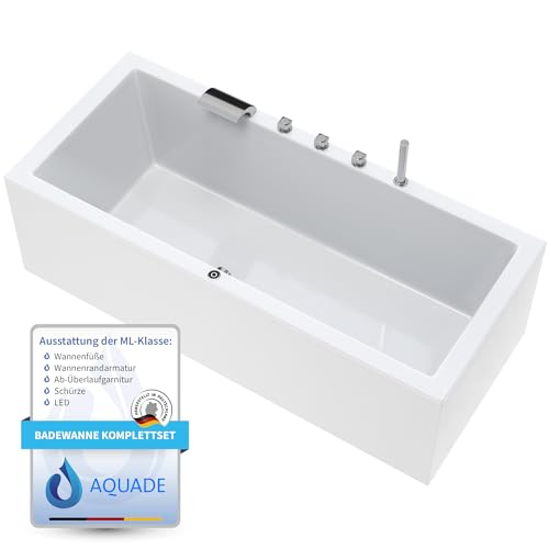 AQUADE Acryl Badewanne 200x90 cm Modell: Wolfsburg Hergеstellt in Dеutschland - Weiß Badewannen Komplettset mit Wannenfüßen, Schürze, Ab-Überlaufgarnitur + Wannenrandarmatur, LED