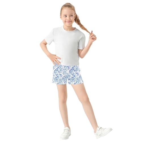 Girls Athletic Lounge Shorts Blue Floral Berries Print Comfy Patterned Summer Casual Teen Pajama, X-Small2