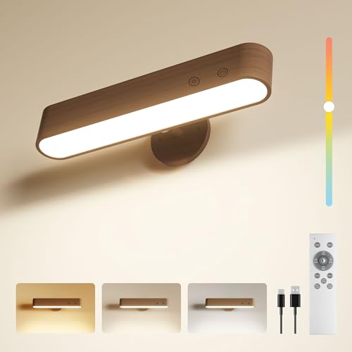 Image of Rechargeable Indoor Wall Sconce Wood, LED Wall Light for Bedroom,Touch and Remote Control,360 Rotate Walnut Wood Wall Light,3 Colors Dimmable Brightness Wall Lamp with 15 RGB Colors,1 Pack