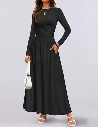 ZESICA Women's Long Sleeve Fall Maxi Dress 2025 Crewneck Knit Casual Slim Swing Pleated Dresses with Pockets2