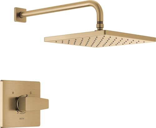 Image of Delta Modern 14 Series Square Rain Shower Faucet Set, Brushed Gold Shower Head and Handle Set, Valve Trim Kit, Champagne Bronze T14268-CZ-PP (Valve Not Included)