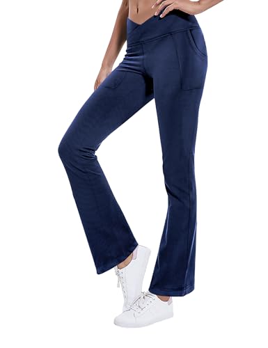 Image of Leggings with Pockets for Girls Solid Black Stretch High Waist Tummy Control Workout Dance Bootcut Yoga Pants