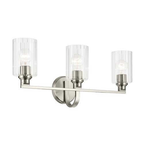 Image of Kichler Gioe 24.25 in 3-Light Bathroom Vanity Light Fixture with Clear Fluted Glass in Brushed Nickel, Modern Wall Mount Over Mirror for Powder Room, Damp Rated (24.25 in W x 10.5 in H), 55226NIFLU