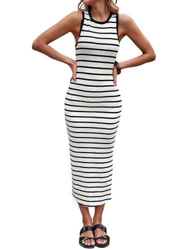 SweatyRocks Gestreiftes Kleid Damen Lang Etuikleid Elegant Maxikleid Mit Schlitz Sommerkleid Strandkleid Bodycon Tank Kleid Waffel Strickkleid Schwarz...