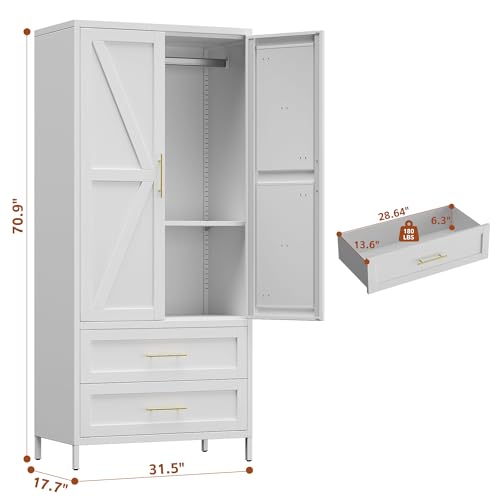 Image of Metal Wardrobe Cabinet with Hanging Rod and Drawers, Metal Armoire Wardrobe Closet with Adjustable Shelf for Home,Installation Required,White